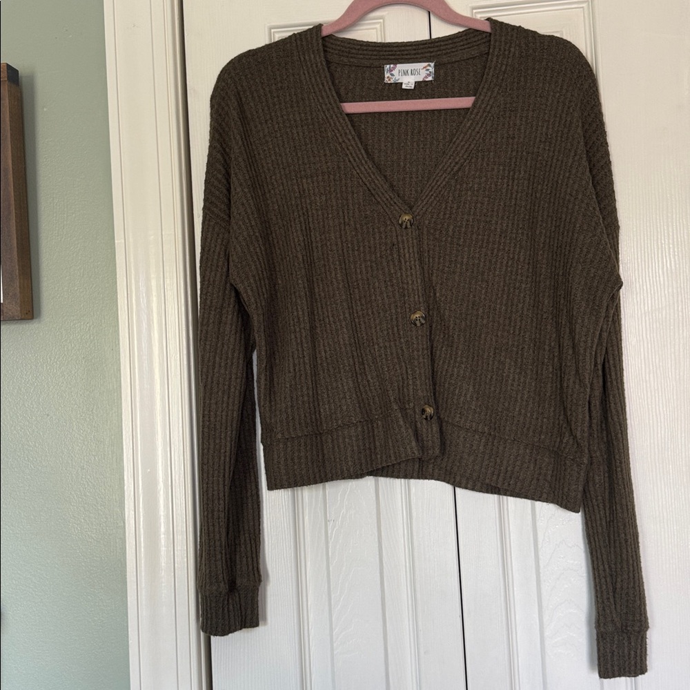 Pink Rose Olive Knit Crop Sweater Large
